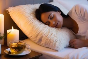 Femme dormant paisiblement avec une tisane et des bougies, illustrant un sommeil réparateur naturel à la ménopause